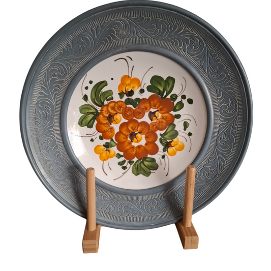 Talerz ozdobny na ścianę porcelana/cyna